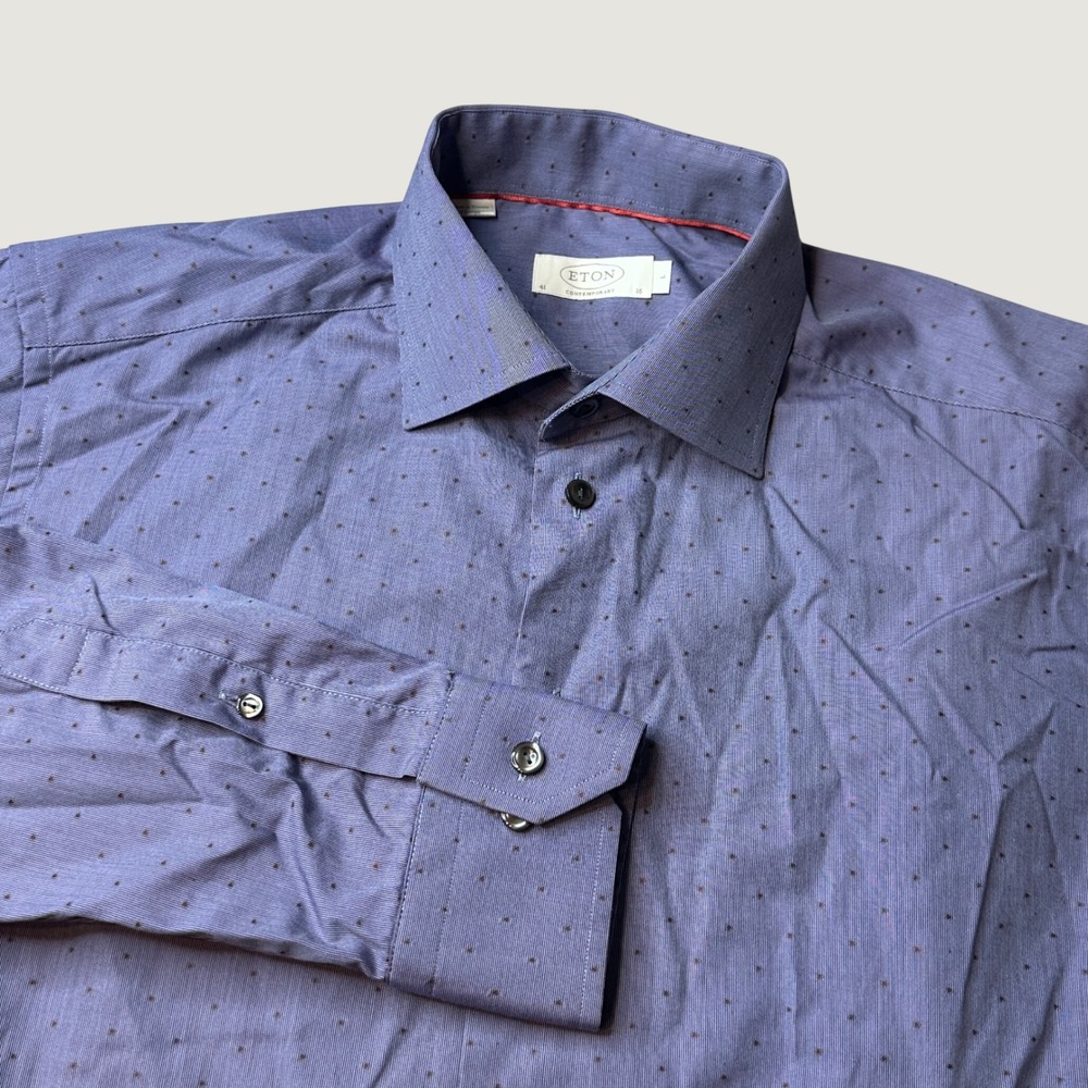 Eton Dress Shirt Mens 16 Brighton Contemporary Blue Polka Dot Button Down Cotton